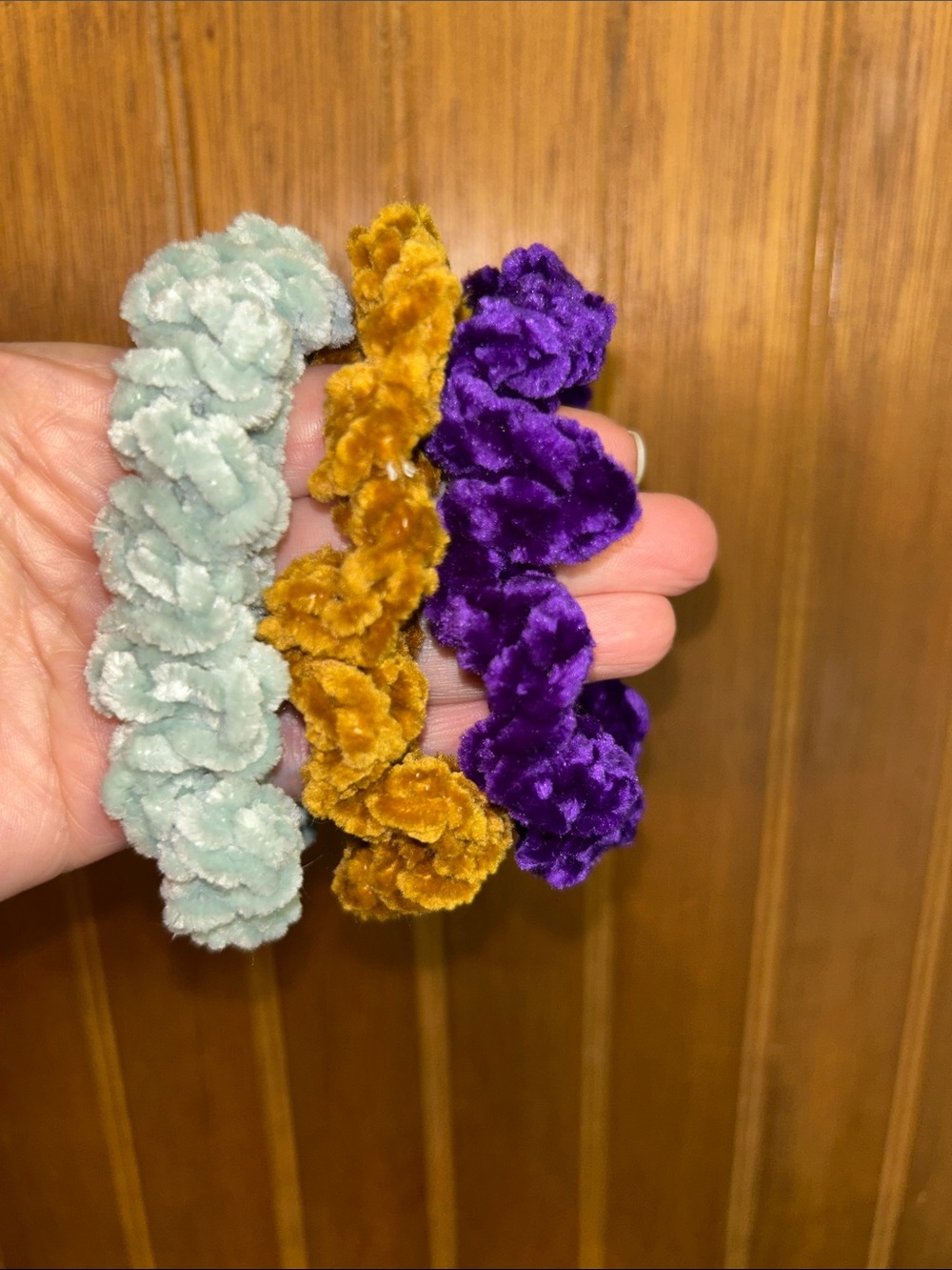 Velvet Hair Scrunchie Trio - Mustard, Purple & Sage